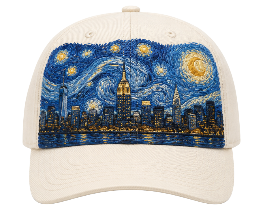A cream cap embroidered with the city skyline