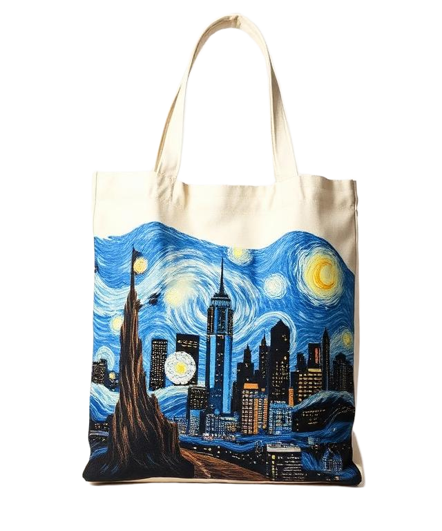 A canvas tote bag printed with the same artwork
