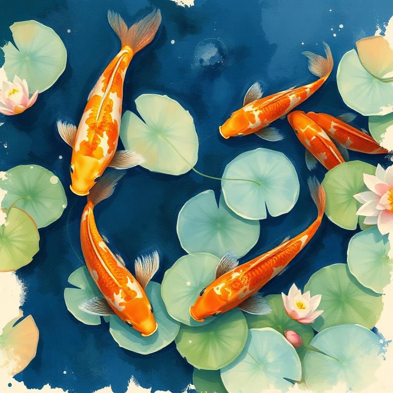Early overhead koi pond study with coral fish and pale lotus leaves