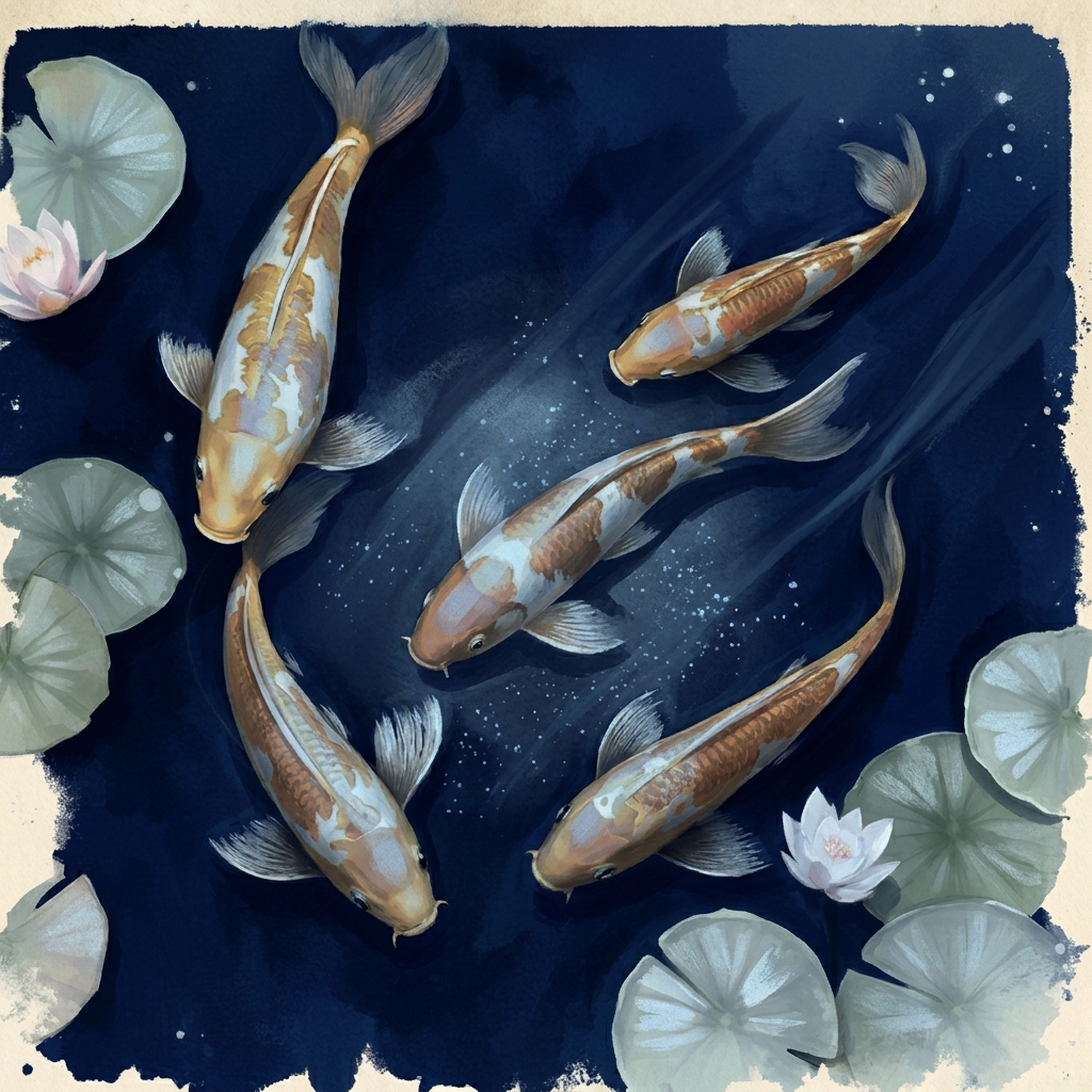 The koi pond shifted into deep ultramarine moonlight