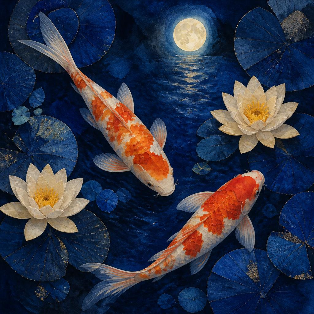 The finished moonlit koi pond in deep ultramarine