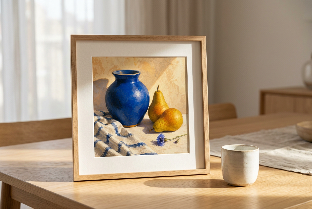 The still life framed and standing on a sunlit dining table