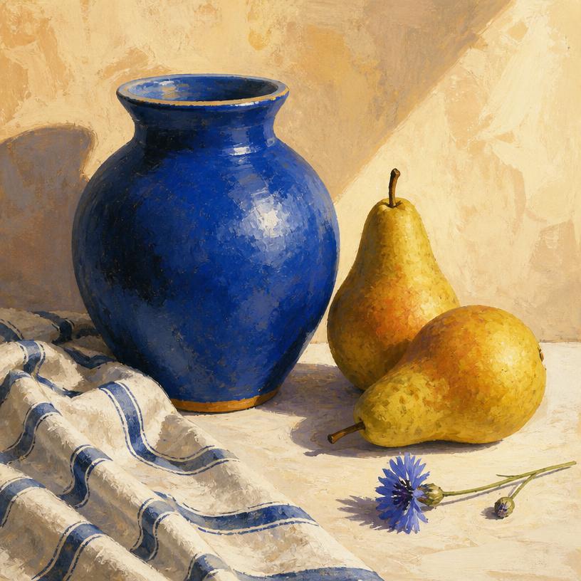 A gouache still life of a cobalt vase, two pears and a wildflower